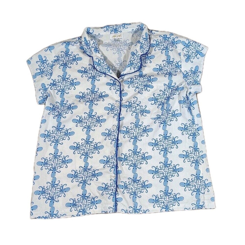 Womens Octopus Pajama Set Size XL Blue White Coastal Nautical Cotton - Picture 6 of 12